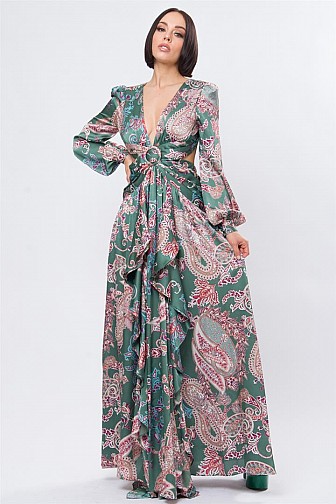 PAISELY SATIN PRINT SIDE OPEN LONG DRESS