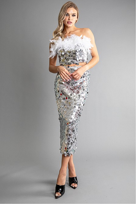 WOMENS SEQUIN FEATHER CROP TOP AND MIDI SLIT SKIRT SET