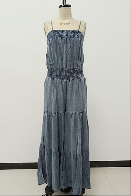 WAIST SMOCKED TIERRED WIDE LEG DENIM JUMPSUIT
