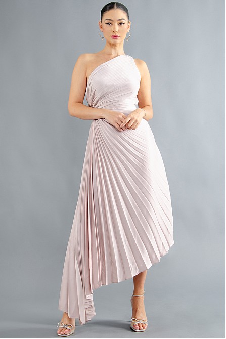  SOLID RUCHED PLEATED ONE SHOULDER HI LOW DRESS