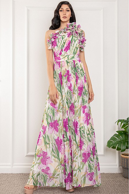 PLEATED RUFFLE ONE SHOULDER PRINT CHIFFON MAXI DRESS  