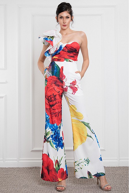 ONE SHOULDER RUFFLED BACK ZIP UP JUMPSUIT