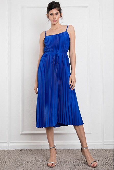 SPAGETTI SHOULDER PLEATED MIDI DRESS