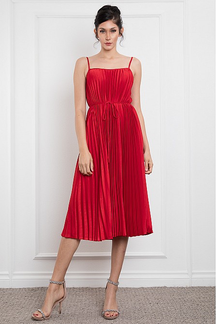 SPAGETTI SHOULDER PLEATED MIDI DRESS