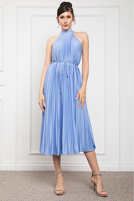 PLEATED HALTER NECK MIDI DRESS