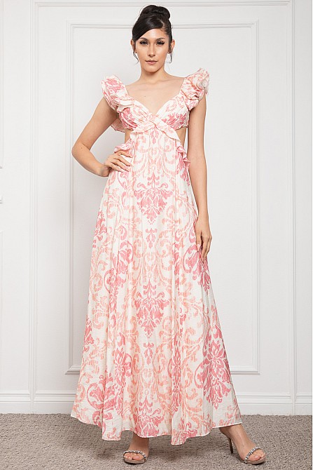 RUFFLE SHOULDER OPEN BACK AND SIDE LONG DRESS
