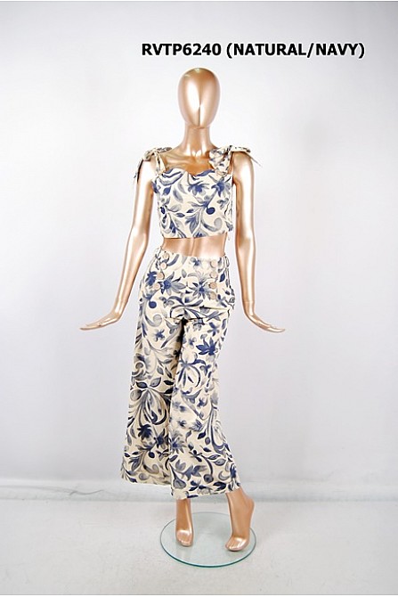 TIE SHOULDER CROP TOP AND WIDE PANTS SET