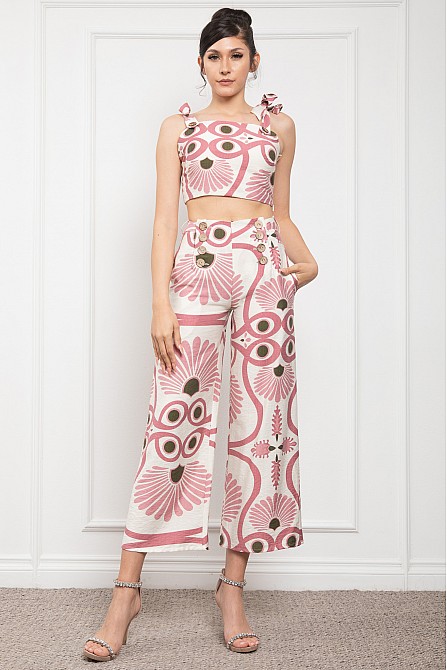 TIE SHOULDER CROP TOP AND WIDE PANTS SET