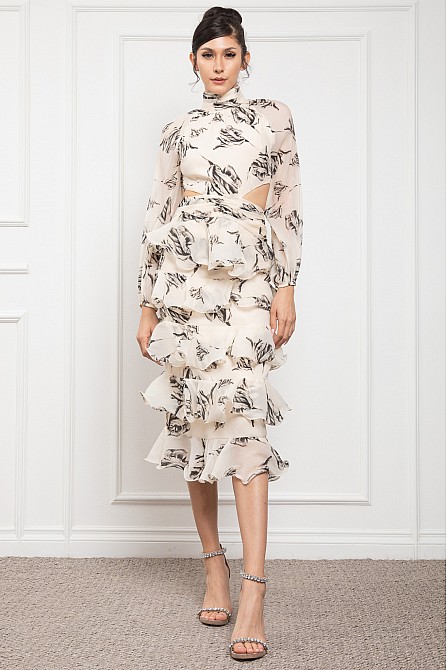 MOCK NECK FITTED RUFFLED DRESS