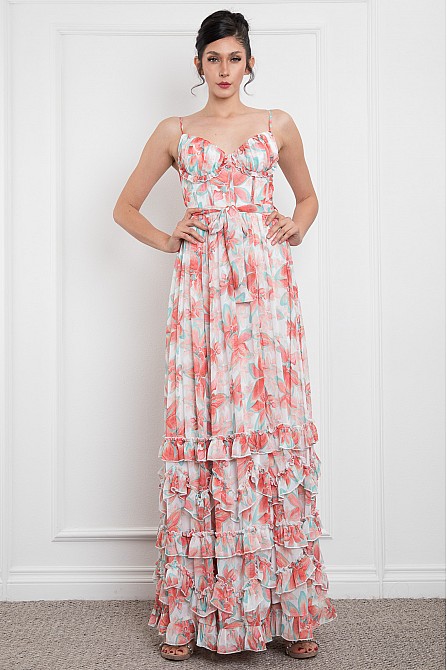 SPAGHETTI SHOULDER TIERED LONG DRESS