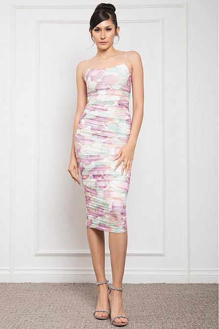 SPAGHETTI SHOUDLDER RUCHED BODYCON DRESS