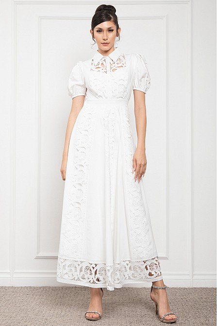EYELET CONTRAST PUFFY SHORT SLEEVE SHIRTS DRESS