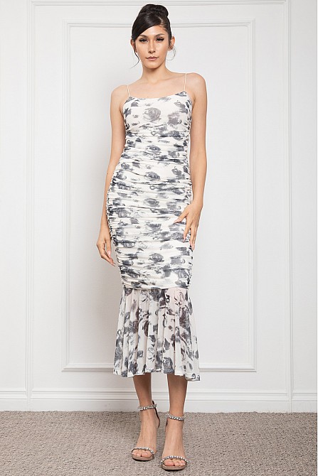 SPAGHETTI STRAP RUCHED BODYCON PRINT MIDI DRESS