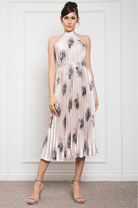 PLEATED HALTER NECK LONG DRESS